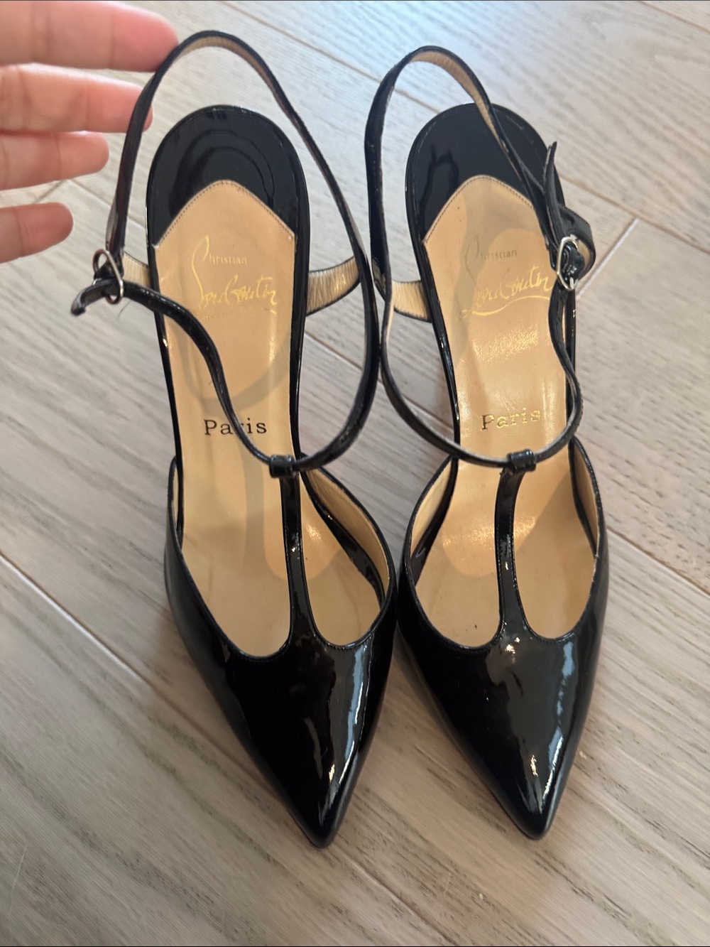 Christian Louboutin Black Patent T-Strap Pointed Pumps
